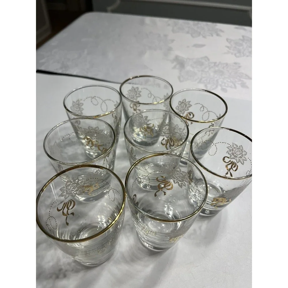 8 Vintage LIBBEY WHITE gold floral Juice GLASSES, 5 oz, flared